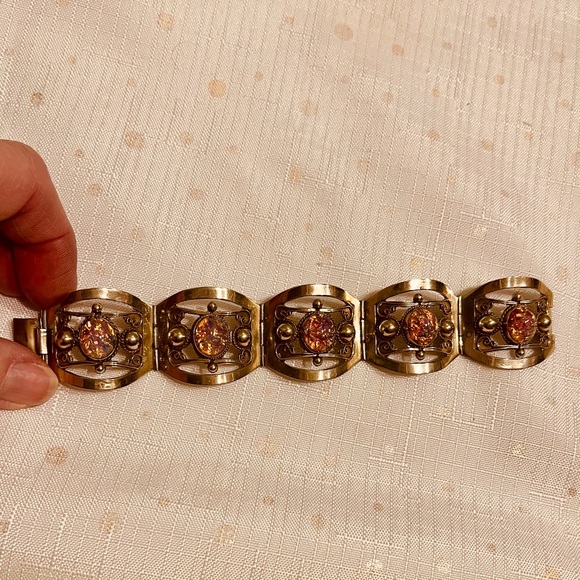 VINTAGE STERLING SILVER AND SIMULATED FIRE OPAL BRACELET MADE IN MEXICO - Picture 5 of 14